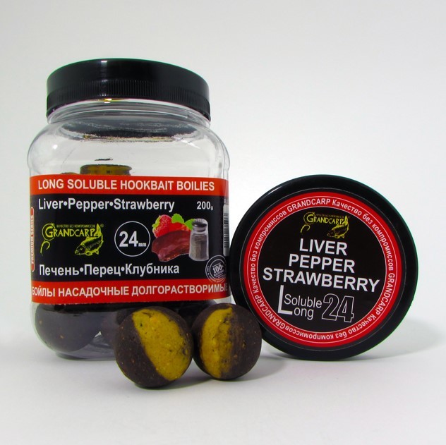 Бойлы насадочные долгорастворимые Grandcarp ПЕЧЕНЬ•ПЕРЕЦ•КЛУБНИКА Ø24 мм 200 г (BBL075)
